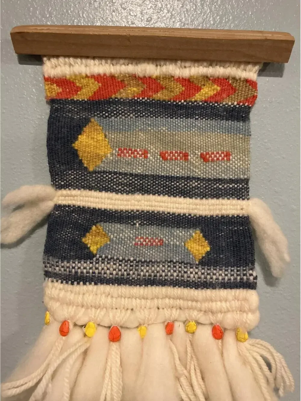 Handwoven Wool Wall Hanging Boho Tapestry with Raw Fleece Fringe Diamond Pattern
